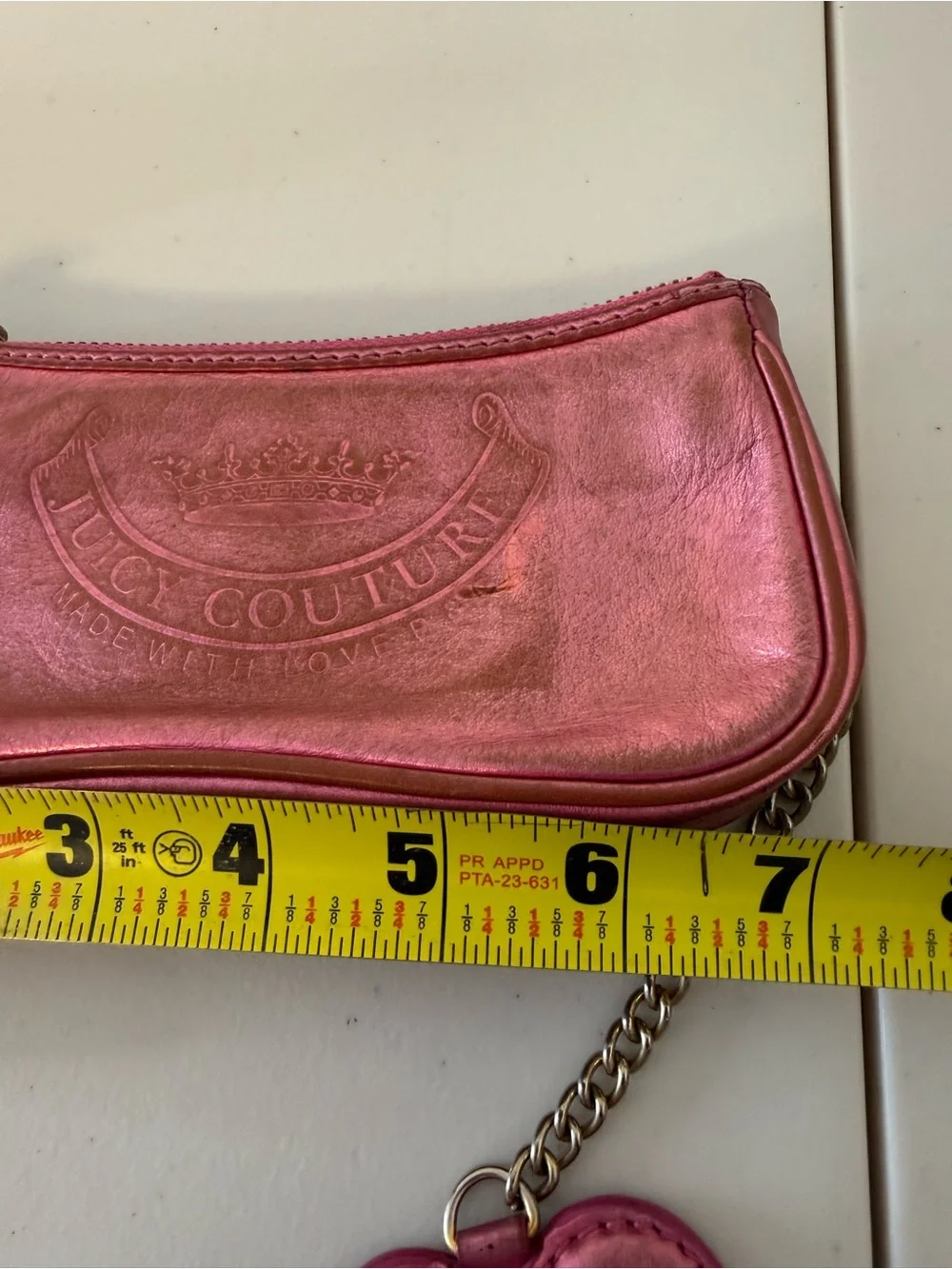 Juicy Couture Y2K Pink Metallic Leather Wristlet Clutch Heart Mirror Charm
